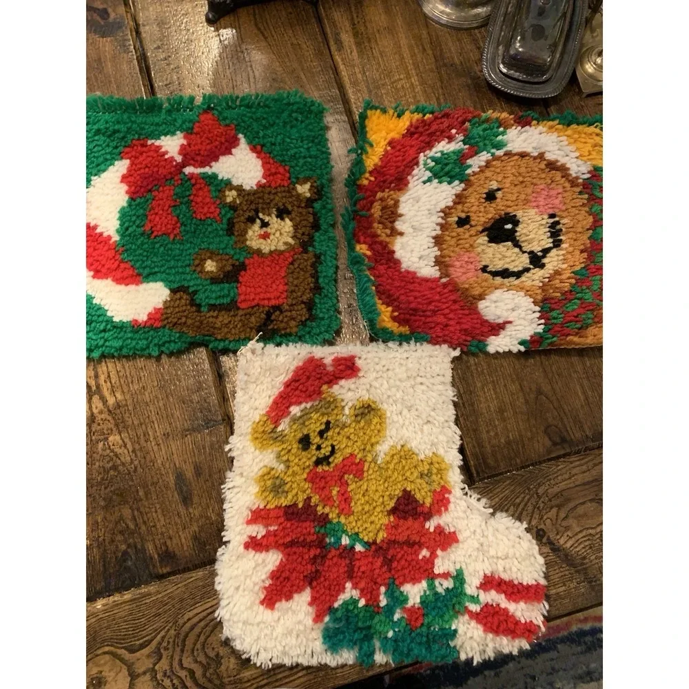 Adorable Vintage Christmas Latch Hook Set Of 3  Wall Hanging Bears  12x12